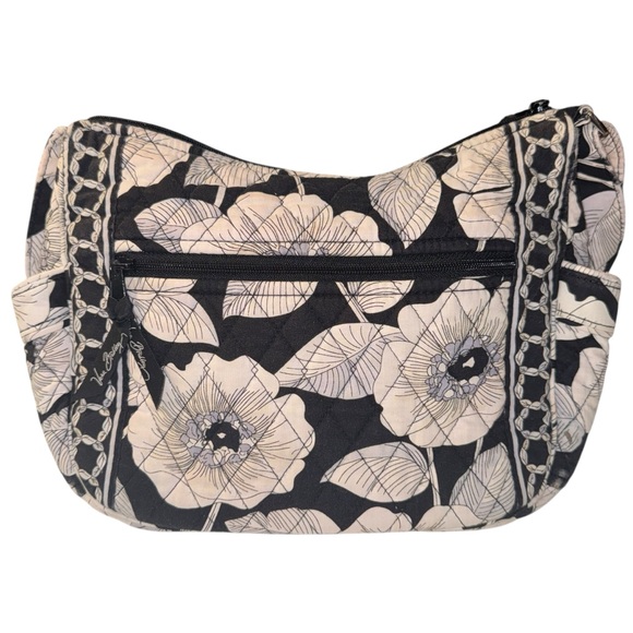 Vera Bradley Quilted Floral Shoulder Bag Black Cream 10x8 Zip Pocket - Picture 2 of 10
